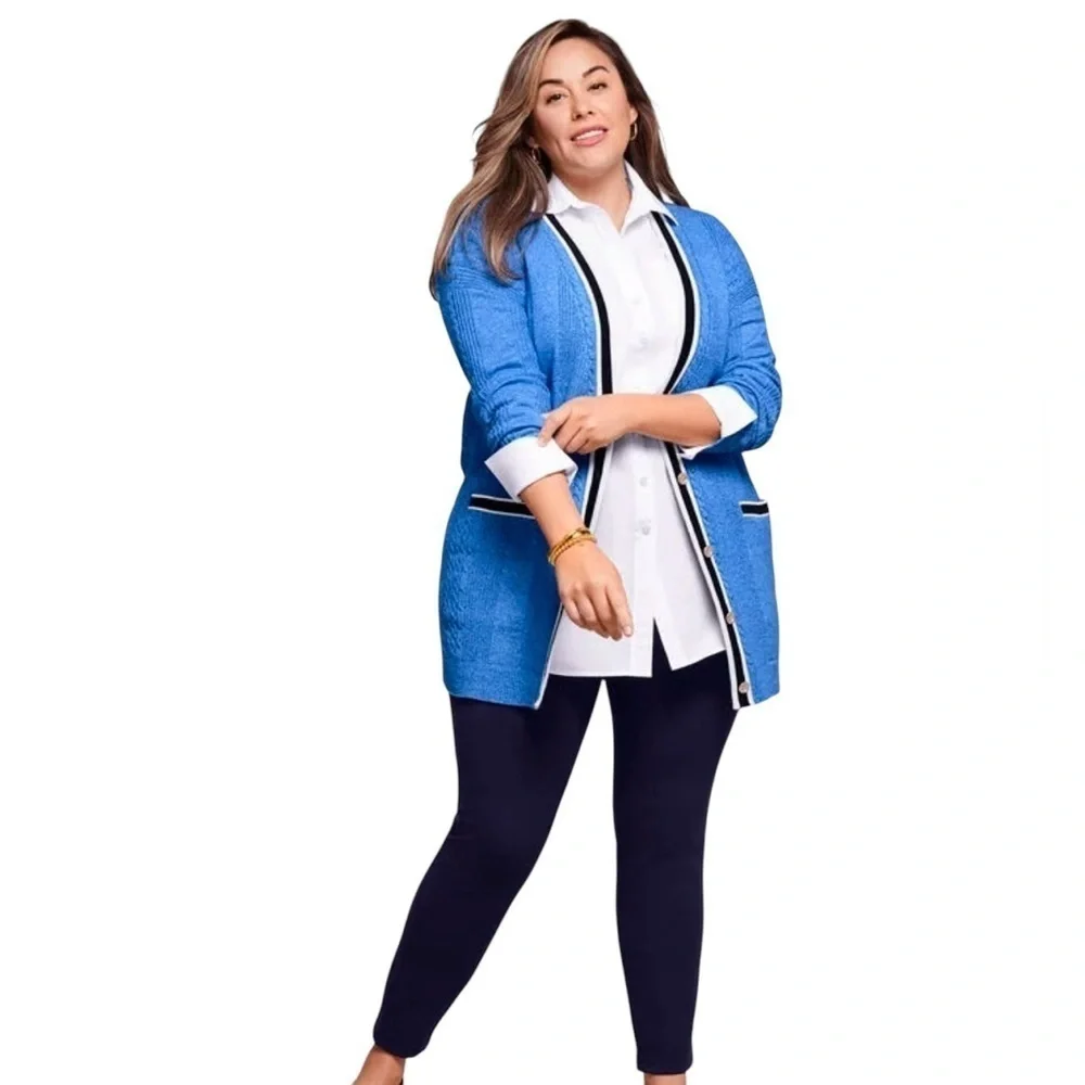 Talbots Iris Blue Cable Knit Tipped Girlfriend Cardigan Sweater Size L Preppy